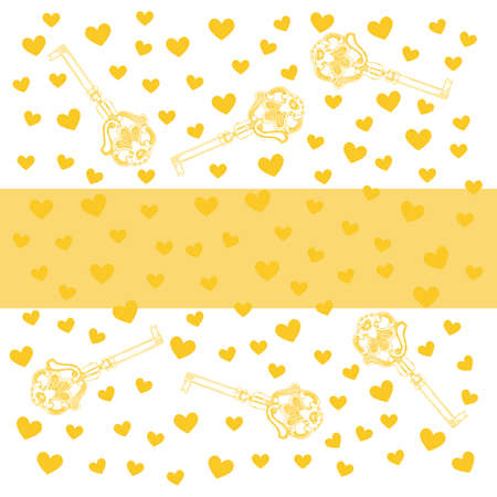 Hand drawn key and hearts invitation/thank you/event/valentine vector card template in gold and white colors paletteのイラスト素材