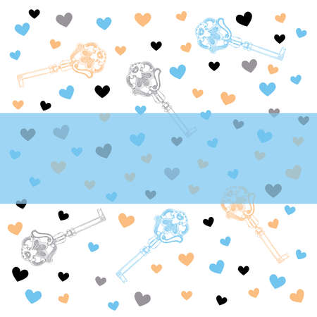 Hand drawn key and hearts invitation/thank you/event/valentine vector card template in pink, blue, gray and white colors paletteのイラスト素材