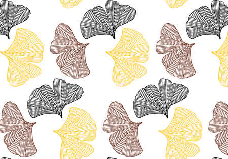 Hand drawn ginkgo leaves vector pattern in black, red, yellow and colors paletteのイラスト素材