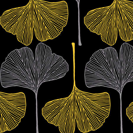 Hand drawn ginkgo leaves vector pattern in yellow, black and gray colors paletteのイラスト素材