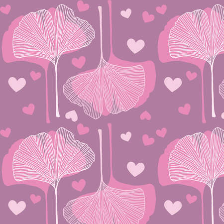 Ginkgo leaves and hearts pattern in pink colors palette. Valentine backgroundのイラスト素材
