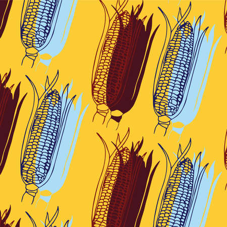 Vector Corn cobs pattern in yellow, reed and blue colors paletteのイラスト素材