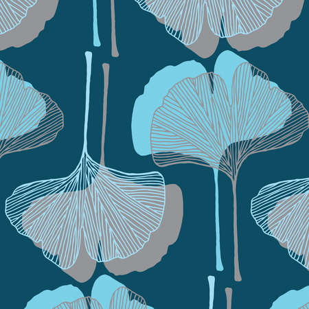 Ginkgo leaves vector pattern in gray and light blue colors palette on a teal backgroundのイラスト素材