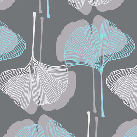 Ginkgo leaves vector pattern in gray and light blue colors palette on a gray backgroundのイラスト素材