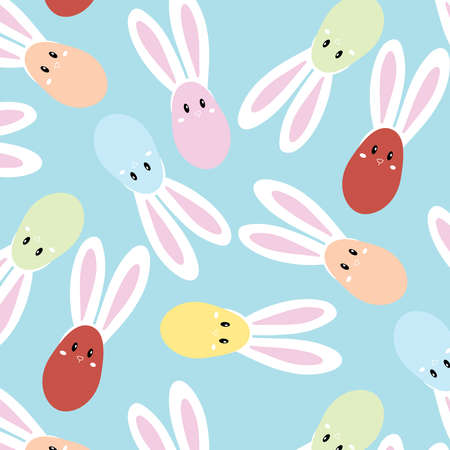 Happy Easter. Set of Easter eggs with bunny ears on a light blue background. Vector pattern Illustrationのイラスト素材