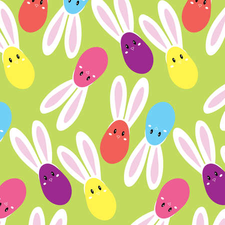 Happy Easter. Set of Easter eggs with bunny ears on a green background. Vector pattern Illustrationのイラスト素材