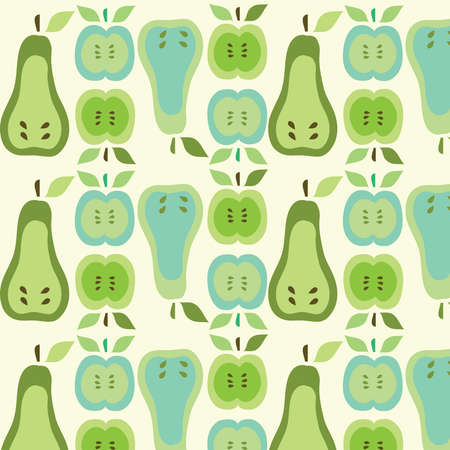 Pears and apples vector pattern green and blue colors on a yellow backgroundのイラスト素材