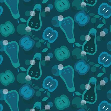 Pears and apples vector pattern teal and blue colors on a dark background