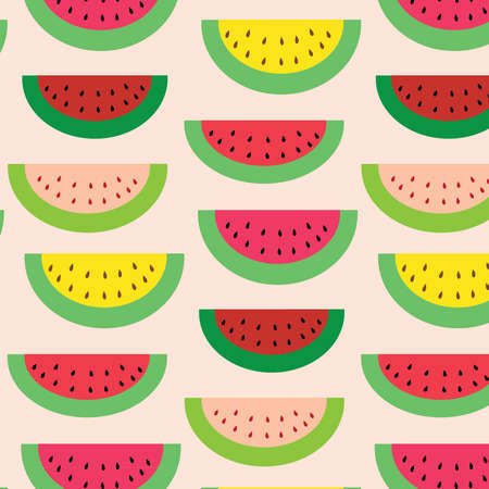 Watermelon vector pattern illustration green, red and yellow colors on a light pink backgroundのイラスト素材