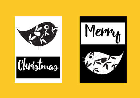 Merry Christmas birds black and white vector cardのイラスト素材