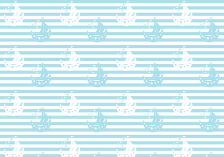 Pastel blue and white ships on a striped background kids birthday vector patternのイラスト素材