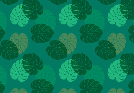 Monstera tropical leaf vector pattern in green color palette on a green backgroundのイラスト素材