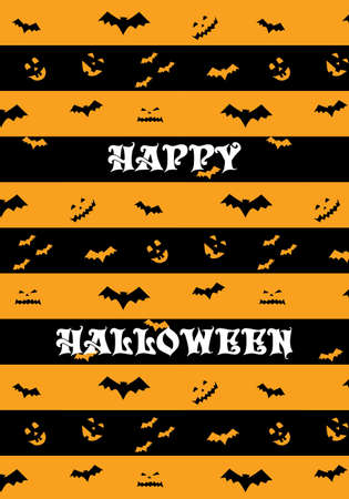 Happy Halloween vector pattern orange and black stripes with bat silhouette and pumpkinsのイラスト素材