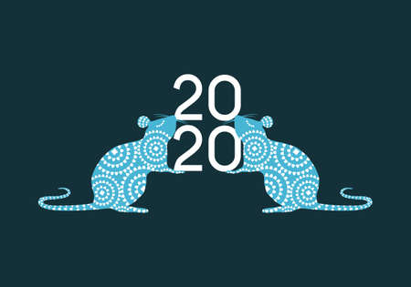 Happy Chinese New Year 2020 year of the Rat vector illustration in blue and white color paletteのイラスト素材