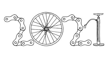 2021 Bicycle Happy New Year vector card illustration on white backgroundのイラスト素材