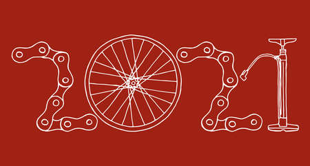 2021 Bicycle Happy New Year vector card illustration on red backgroundのイラスト素材