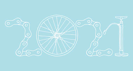 2021 Bicycle Happy New Year vector card illustration on baby blue backgroundのイラスト素材