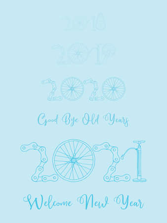 2021 Bicycle Happy New Year welcome vector card illustration on baby blue backgroundのイラスト素材