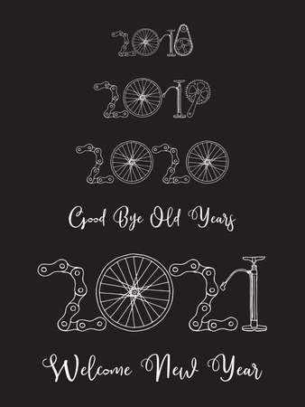 2021 Bicycle Happy New Year welcome vector card illustration on black backgroundのイラスト素材