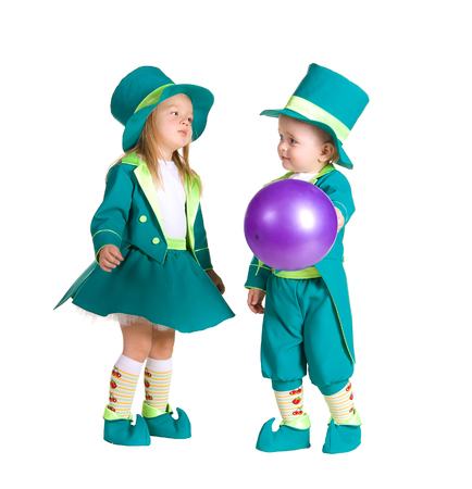 Children in costumes leprechaun, St. Patrick's Day, isolated on white backgroundの写真素材