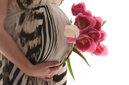 pregnant belly closeup isolated on white backgroundの写真素材