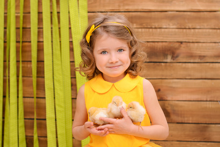girl in a yellow dress with chickens in the Catholic Easter on the background of wooden wallの写真素材