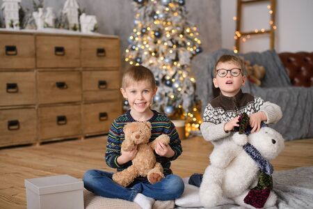 two happy brothers in sweaters, sitting on wooden floor, in room with Christmas tree, plaing to toy bearの写真素材