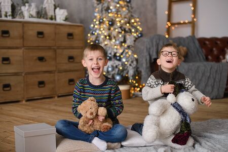 two happy brothers in sweaters, sitting on wooden floor, in room with Christmas tree, plaing to toy bearの写真素材
