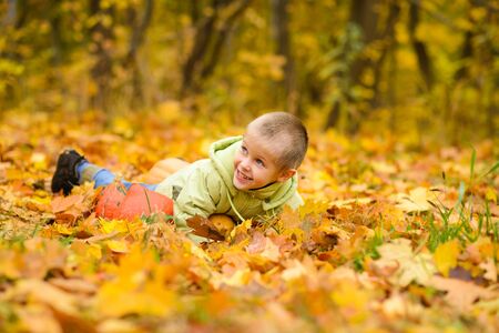 smiling boy in jacket lies in autumn yellow fallen leaves with pumpkins in parkの写真素材