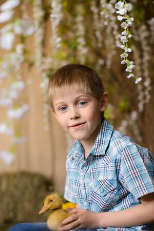 Portrait of handsome boy, on wooden background, and flowering wisteria, holds in his hands yellow...