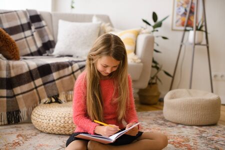 girl doing school lessons insofa. Activities at home during quarantine, self-studyの写真素材