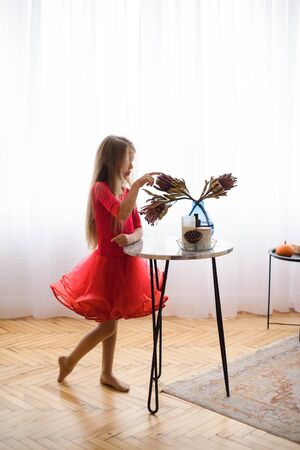 silhouette of girl in red dance dress, against background of window with daylight, in bright room of house with wooden parquet. Standing in profile near table with flowersの写真素材