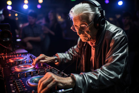 A senior man, wearing glasses and headphones, spins tracks as a DJ in a club with his silver hair.の素材