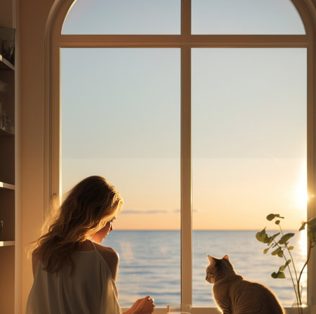 A young woman gazes out the arched window with her cat, witnessing a stunning sunset over the sea and the skyの素材