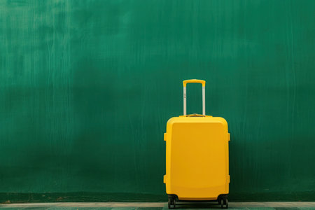 a yellow suitcase is sitting in front of a green wall. High qualityの素材