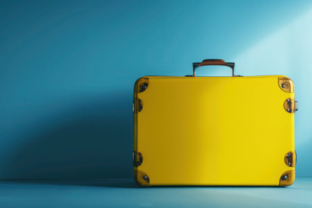 a yellow suitcase is sitting on a blue surface. High qualityの素材