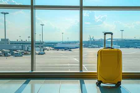 A bright yellow suitcase rests against the window overlooking the tarmac at the airport, under the cloudy sky, surrounded by vehicles and planes ready for air travelの素材