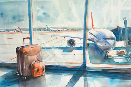a watercolor painting of a suitcase and an airplane at an airport. High qualityの素材