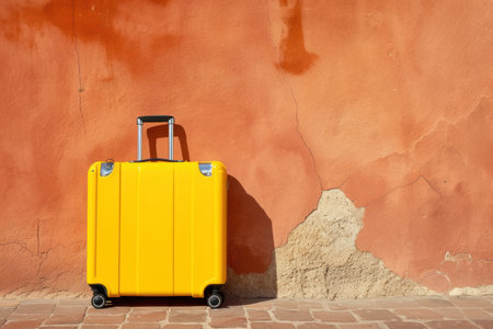 a yellow suitcase is leaning against a red wall. High qualityの素材