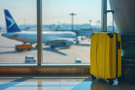 a yellow suitcase is sitting in front of a window at an airport. High qualityの素材