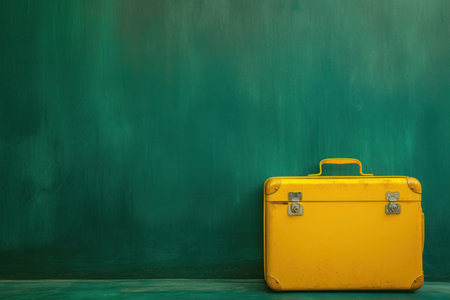 a yellow suitcase is leaning against a green wall. High qualityの素材