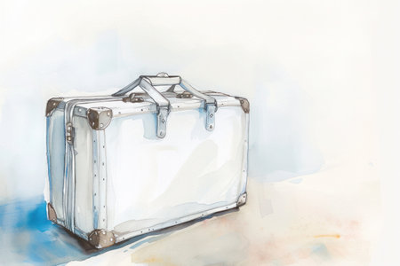 An electric blue suitcase rests on a table in a fluid watercolor painting, surrounded by body jewelry and fashion accessoriesの素材