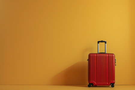 a red suitcase is sitting in front of a yellow wall. High qualityの素材
