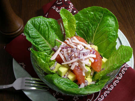 Avocado,grapefruit,ham and apple salad in a nest of romaine lettuceの写真素材
