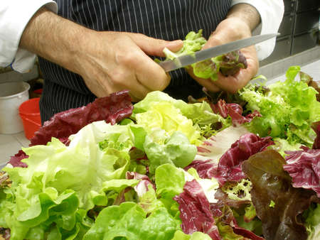 A chef is cutting salad  in piecesの写真素材