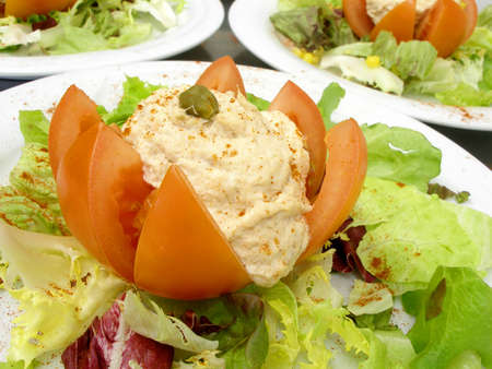 Plates of stuffed tomato with tuna fish       の写真素材