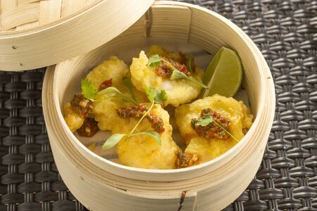 Tempura cod cheeks with chilli jamの写真素材