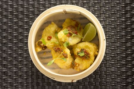 Tempura cod cheeks with chilli jamの写真素材