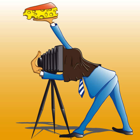 Photographer in business suit picture old camera showing cheese