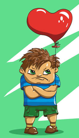 boy with balloon in the shape of heart is in shorts and T-shirtのイラスト素材